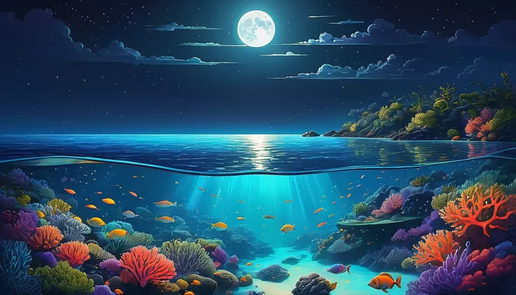 an illustration of a night ocean scene, with transparent waters that reveal the seabed. coral in a spectrum of colors and small ...