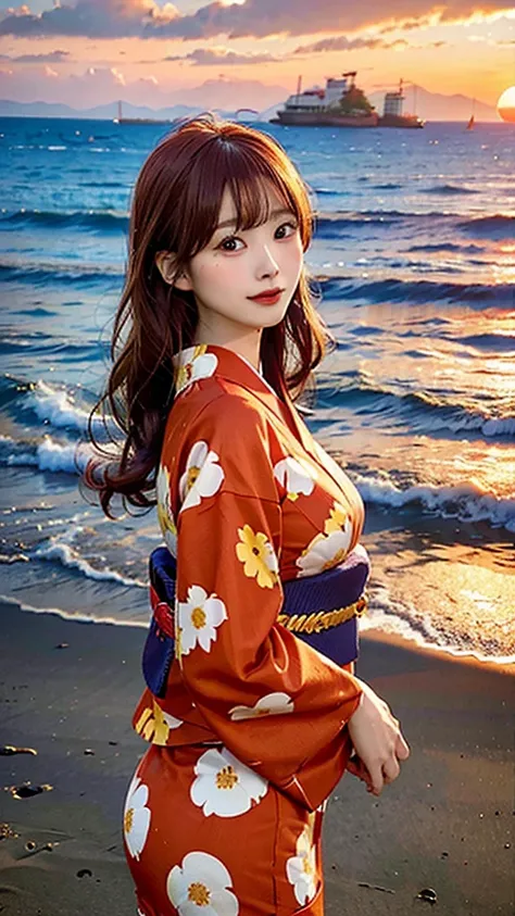 Young woman in yukata、Long Red Hair、Orange floral yukata、Large Breasts、Seaside sunset in the background。