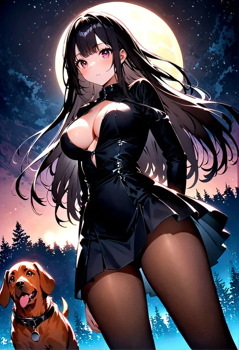 Dog 1、Woman 1、Red miniature dachshund、Red miniature dachshund long hair、dog&#39;color is red、woman with very long black hair、Busty women、Spectacular views、Night Scene、The view from the top of the hill、Full moon night sky、swirling starry sky、８K、Best Quality...