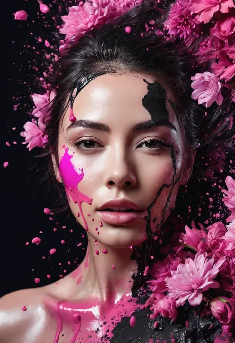 Photorealistic image of a woman mid shot, abstract background, black and pink gradient,  made of flowers, paint spilling , ultra clear