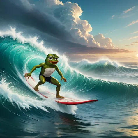 a surreal pepe the frog surfing gigantic ocean waves,photorealistic,4k,8k,extremely detailed,cinematic lighting,striking colors,dramatic composition,dynamic motion blur,atmospheric mist,churning white water,powerful swells,dramatic cloudy sky