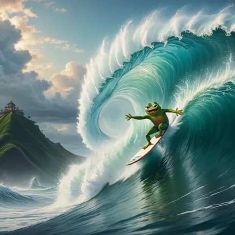 a surreal pepe the frog surfing gigantic ocean waves,photorealistic,4k,8k,extremely detailed,cinematic lighting,striking colors,...