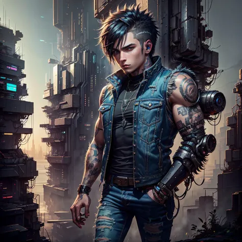 denim vest, blue jeans, emo hair, bionic arm, Cyberpunk, Brown hair, blue eyes, futuristic city, Very detailed, high resolution, Best Quality, 18 year old man