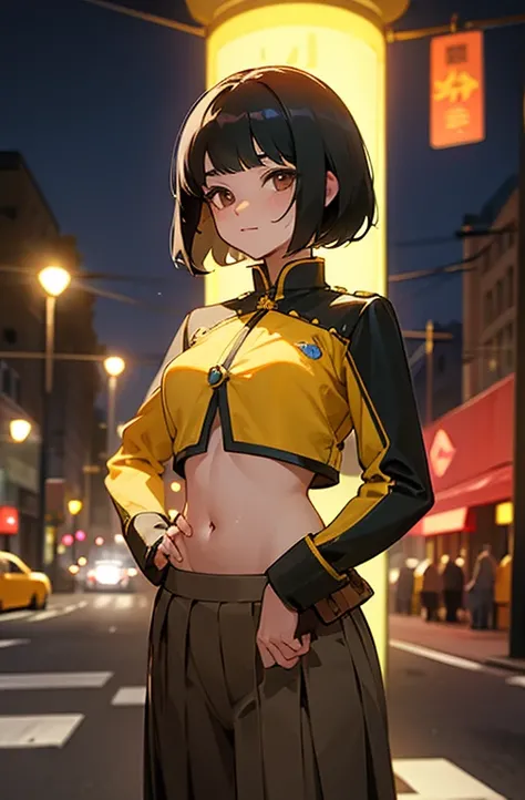 Cute young woman, Short black hair, Brown eyes, Queen,pleated skirt suit,Street lamp,neon,Busy street background,(belly button:1.1,Princess Eyes), noble, Royalty, high quality, masterpiece, Very detailed