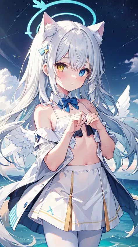 Angel Wings，Blue Halo，White pantyhose，White long hair，Flowing long hair，Cat ear，Heterochromia（Left blue right yellow），female face，There are bright spots in the eyes，Female hands，White little hands，Normal fingers，flat chest，On an island in the sky，night