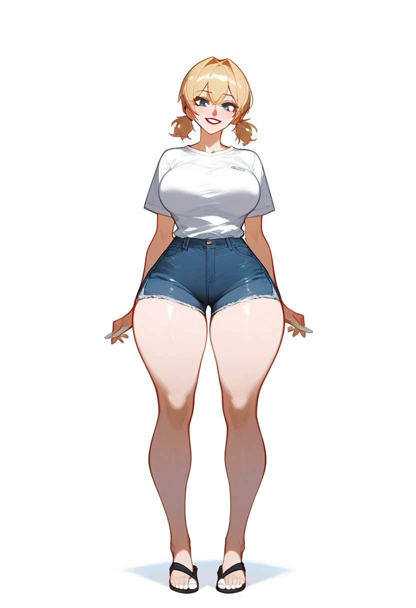 adult Woman with short blonde hair, pale skin, short twintails, wearing a very tight white T-shirt, tight short sleeve, jean shorts, and small black flip flops, large breasts, wide hips, very thick thighs, large thighs, thick thighs pressed together, thick...