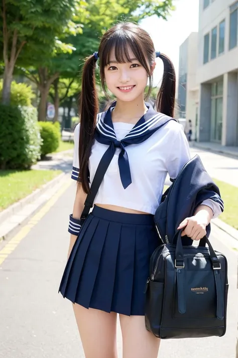 {2 | 3 | 4} girls walking in school street,sailor shirt,navy blue pleated skirt,school bag,18-year-old,bangs,a little smile,thighs,knees,short hair with low pigtails bunches,from below,front light