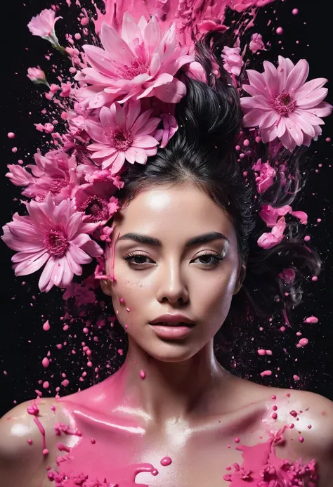 Photorealistic image of a woman mid shot, abstract background, black and pink gradient,  made of flowers, paint spilling , ultra clear