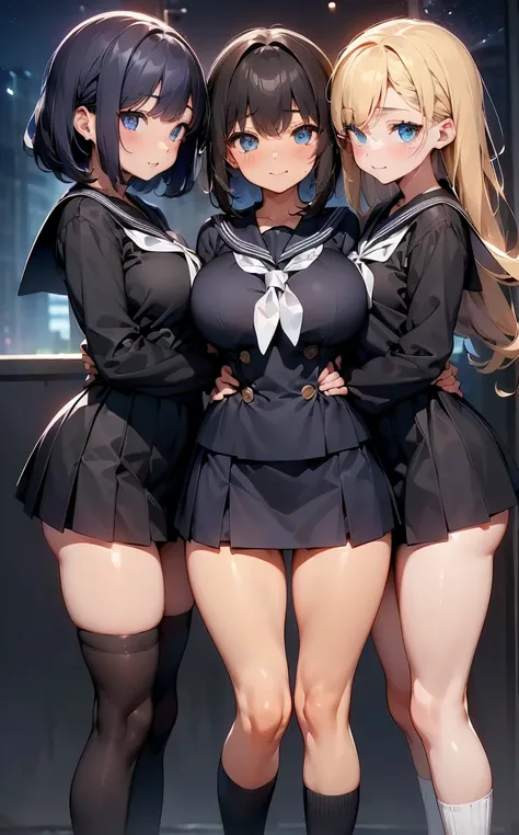 (Cute eyes:1.2), (Sparkling eyes:1.2),(Beautiful Eyes:1.2), Highest quality,wonderful,finely,Highly detailed CG Unity 8k wallpaper, (The three of them lined up and hugged:1.2),(Three people with different physiques:1.3), (Three Girls, Sailor suit, Skinny b...