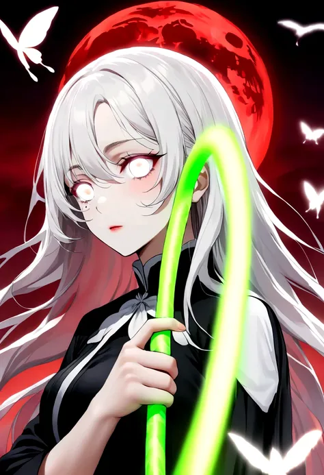 Blurred outline of existence, bright white eyes, ,Blurred outline of existence, Fully white glowing eyes,，White flowers on eyes，Fire  butterflys，Anime style，1 girl，Silver long hair，(((White spots on eyes：1.37)))，Black pleated skirt，Samurai sword in hand，El...