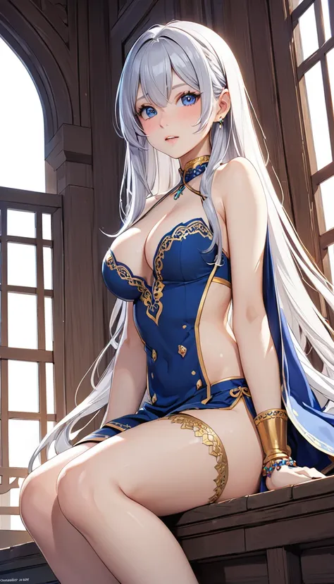 Highest quality、super high quality、16K, Delicious breasts、Facial expressions are random、location is india、 Hair color is silver hair、The pose is with the butt facing the viewer.、The distance is random、Angle from below、Small face、Very delicate facial expres...