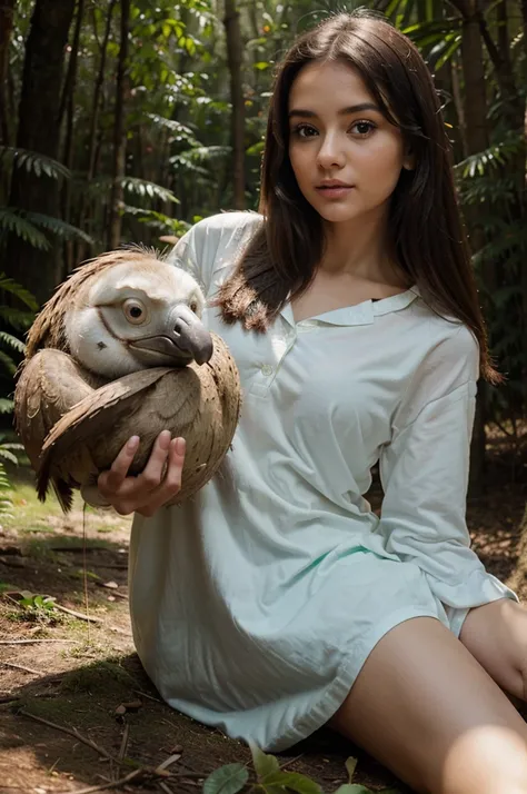 Beautiful girl, oval face, sexy pijama, in the forest, with a DODO bird in her hand