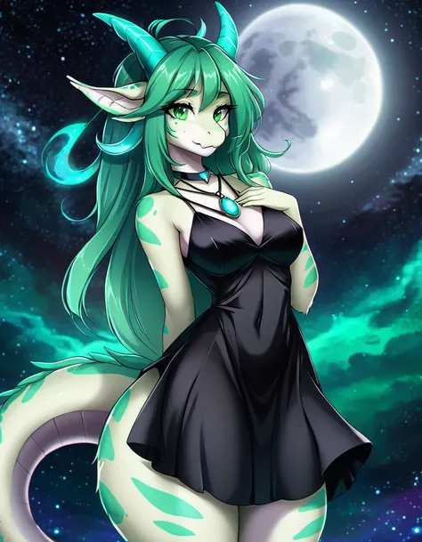 anime style, furry dragon female sexy, anthropomorphic green with light green spots and turquoise stripes, galaxy background, full body photo, moon pendant necklace, long dark green hair, with black dress 