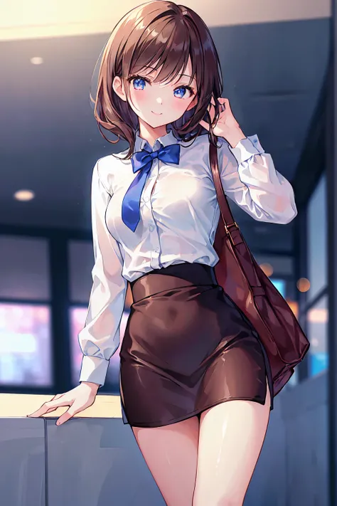 ((masterpiece, Highest)), (One girl), (Mature Woman), Brown Hair, Tight Skirt，White shirt, sprawled out, (office lady), bangs, Small breasts, slim, smile, [Wide Hips], office, Are standing, got it  (Blue File), 8K quality, Sexy seduction，((Highest品質)), (Ve...