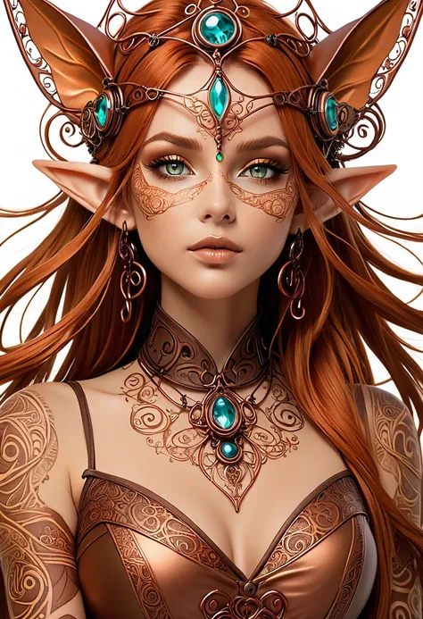 Steampunk elven princess. Hear copper wire necklaces and bangles. Crown of fine copper wire. copper coloured tatoos cover her face and body intricate and beautiful designs. LArge pointed ears that end in curlicues.