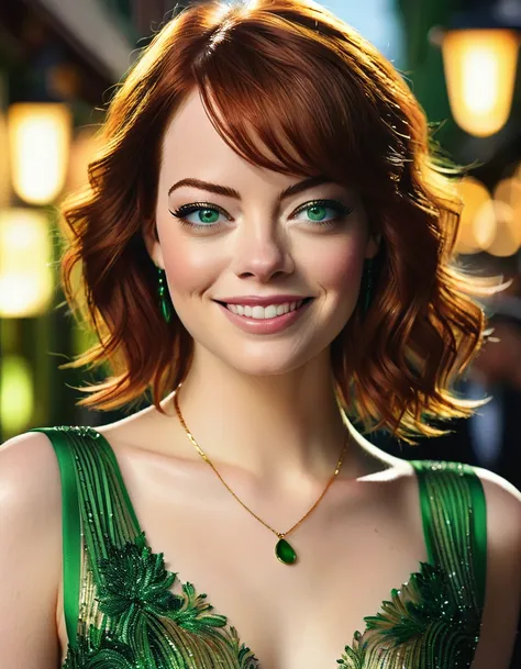 portrait of stunning emma stone, green eyes, nice smile, intense gaze, elegant, dynamic pose, highly detailed, hyper realistic, uhd, photo, sharp focus, post processing, digital printed fabric, aesthetic on beauty of female, fashion trendy, dslr, High reso...