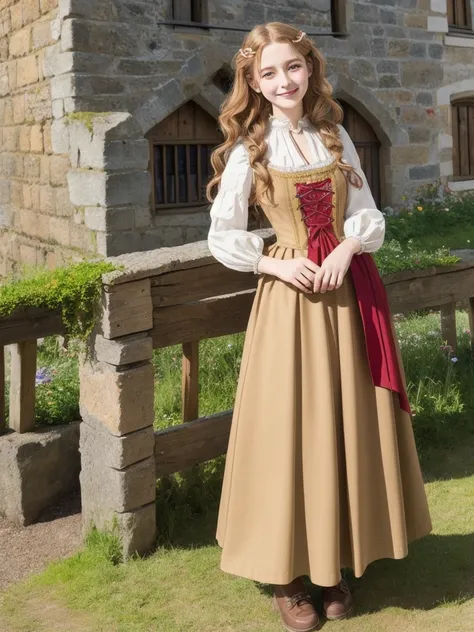 1girl,	(anime coloring:1.2),	perfect_anatomy,	best quality,	otherworldly,	upturned eyes,	beautiful_hair,	wavy hair,	feminine,	endearing smile,	german clothes,	medieval costume,	standing,	Stone buildings,	Medieval town,	Traditional dress,	Long skirt,	Simple...