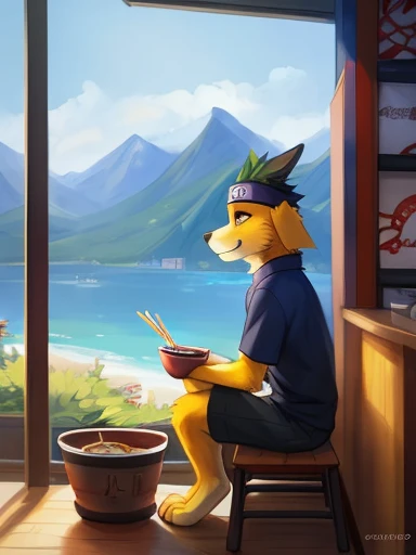 ((yellow dog Naruto headband, Naruto yellow dog, Naruto as a yellow dog anthropomorphic inside of a ramen shop ramen restaurant sitting down with a bowl of ramen in front of him ,))), looking a t viewer, big chest, day,, sensual, detailed, uploaded to e621...