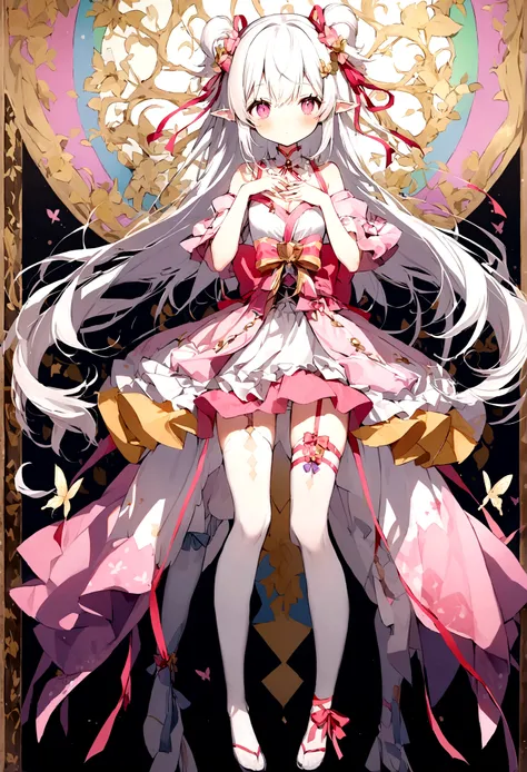 Name:Lucky Girl 16 Years Old 1.66m white hair long hair，Fa Ka is a word consisting of two sixes.，The pupil is a white square，Iris is a color gradient。The two ears are hung with small pendants, which are six-sided and six-shaped.。There are six small ribbons...