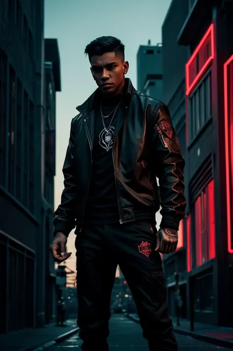 Imagine a dusk-lit urban setting, with the silhouette of a confident, badass boy standing prominently. Hes wearing a sleek black jacket adorned with bold, stylized "Reaper" lettering in vibrant red. The background is subtly lit, adding depth and intensity ...