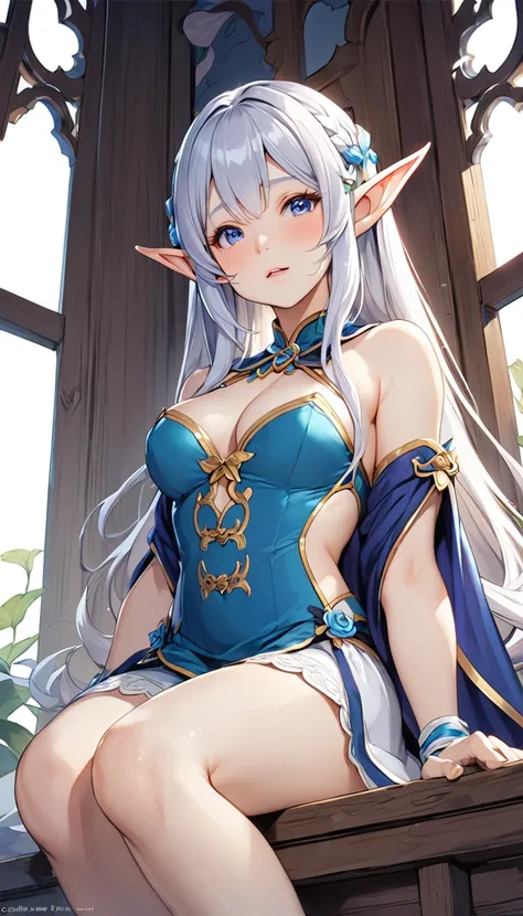 Highest quality、super high quality、16K, Delicious breasts、Facial expressions are random、The location is a fairy tale world、 Hair color is silver hair、The pose is with the butt facing the viewer.、The distance is random、Angle from below、Small face、Very delic...