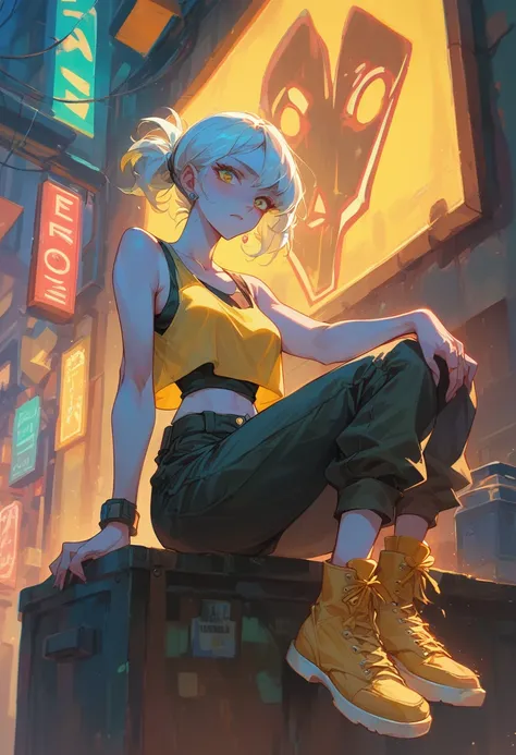 Complex、Very detailed、whole body、Wear a yellow cropped top、Wear a black tank top、Wear black cargo pants、Wear yellow short boots、Leaning against a neon sign that says Weapons、Female Android