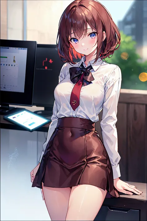 ((masterpiece, Highest)), (One girl), (Mature Woman), Brown Hair, Tight Skirt，White shirt, sprawled out, (office lady), bangs, Small breasts, slim, smile, [Wide Hips], office, Are standing, got it  (Blue File), 8K quality, Sexy seduction，((Highest品質)), (Ve...