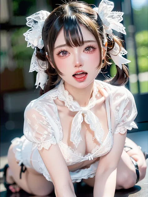 ((Highest quality)),(Ultra-high resolution),(Very detailed),(Detailed Description),((The best CG)),(masterpiece),Very detailedなアート、Small breasts、Whitening 1.5、Translucent white skin、(((White lace bra 1.5)))、High Leg 1.4、Ribbon hair ornament、(((Twin Tail Ha...