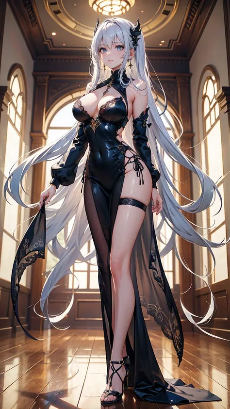 ((work of art, best qualityer)), 精致的面容，Dragon girl，the Kane，gold mine，gold jewelry，DarkKnight，Dark Jewel，all-body，Standing photo，Legs long，breasts big，Gradient Wavy Long Hair，perfect body proportions，beautiful black eyes，extremely pretty，transparentes， fun...