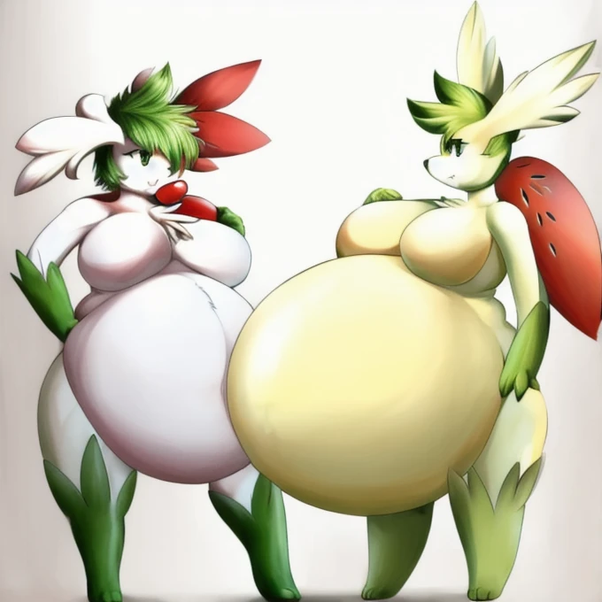 ((highest quality)), Perfect Face ((Shaymin:1.1)) ((Pokémon)) ((anthropomorphic)) (female) (((A big inflated belly))) (((Belly))) (blowing yellow balloon) (standing) (big pair of breasts)