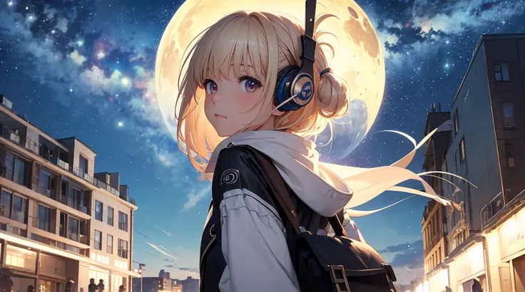 ((masterpiece)),(((bestquality))),((ultra-detailed)),octans, sky, star (sky), scenery, starry sky, night, 1girl, wearing headphone,stands on the rooftop, night sky, solo, outdoors, building, cloud, milky way