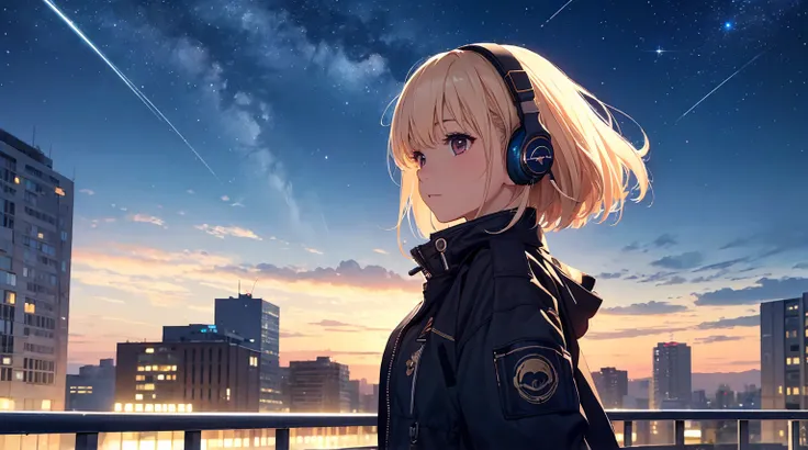 ((masterpiece)),(((bestquality))),((ultra-detailed)),octans, sky, star (sky), scenery, starry sky, night, 1girl, wearing headphone,stands on the rooftop, night sky, solo, outdoors, building, cloud, milky way