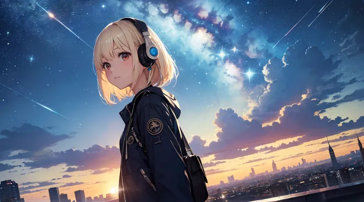 ((masterpiece)),(((bestquality))),((ultra-detailed)),octans, sky, star (sky), scenery, starry sky, night, 1girl, wearing headphone,stands on the rooftop, night sky, solo, outdoors, building, cloud, milky way