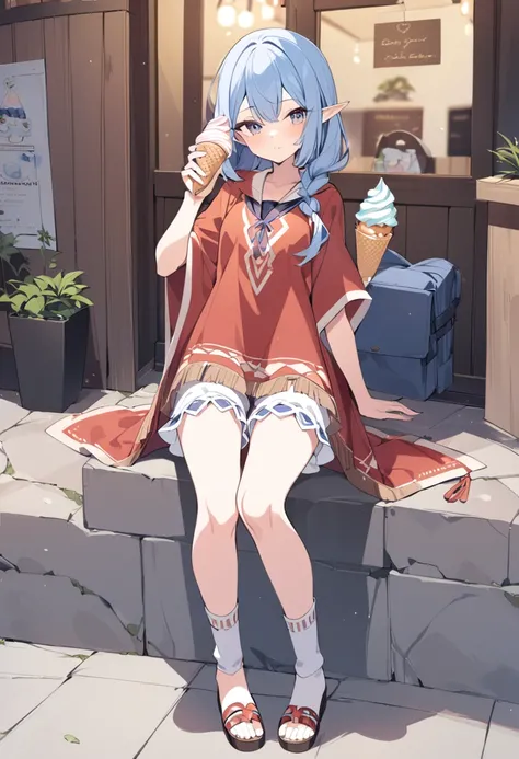 1girl((a girl,elf 1.5meters, 25kg,18 years old female, 
((tunic,poncho,(loose pants,bloomers),thigh-high socks, sandals),　（（eat soft serve ice cream））
