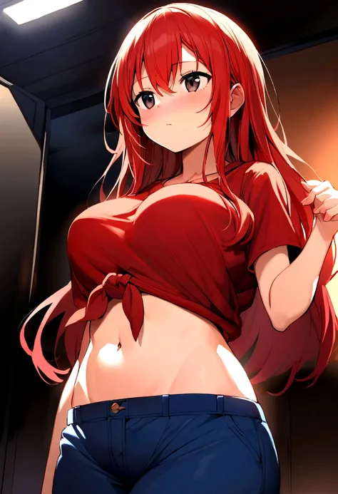 a 17 year old girl with long red hair and black eyes and a big chest wearing a tied red t-shirt where you can see her stomach with blue pants