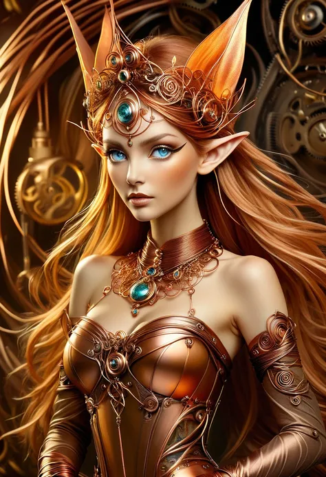 Steampunk elven princess. copper wire necklaces and bangles. Crown of fine copper wire. copper coloured tatoos cover her face and body intricate and beautiful designs. LArge pointed ears that end in curlicues. Hands on hips. Ember colored eyes adorned with...