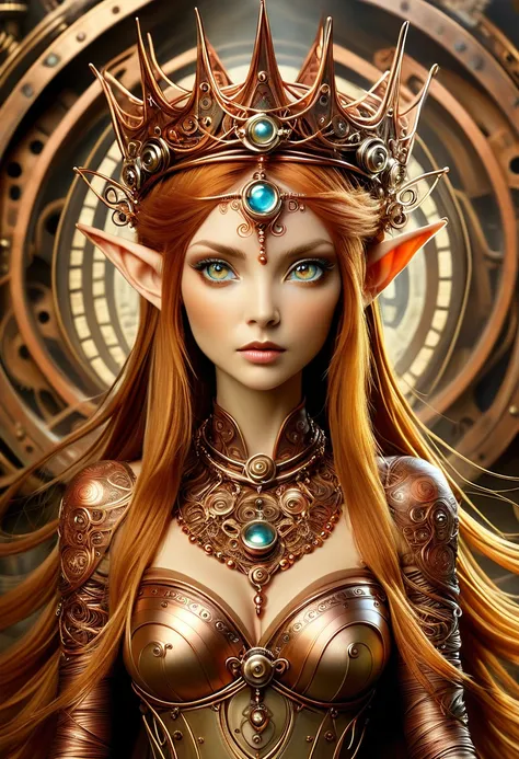 Steampunk elven princess. copper wire necklaces and bangles. Crown of fine copper wire. copper coloured tatoos cover her face and body intricate and beautiful designs. LArge pointed ears that end in curlicues. Hands on hips. Ember colored eyes adorned with...