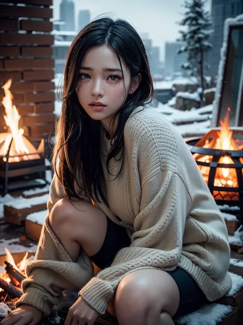 a woman with severe injuries sitting near a campfire in a destroyed snowy cityscape, beautiful detailed eyes, beautiful detailed lips, extremely detailed eyes and face, long eyelashes, beautiful female portrait, trending on artstation, 8k, best quality, ul...