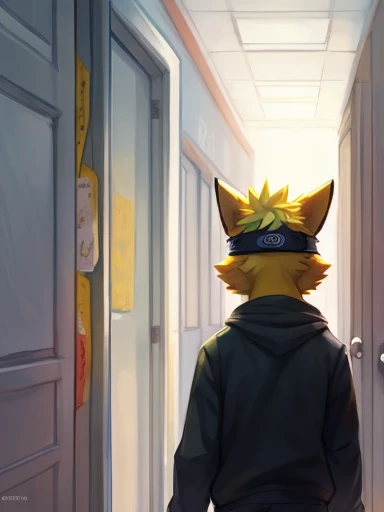 ((yellow dog Naruto headband, Naruto yellow dog, Naruto as a yellow dog anthropomorphic inside of a school hallway walking to class no other people in the hallway ,))), looking a t viewer, big chest, day,, sensual, detailed, uploaded to e621, beautiful and...