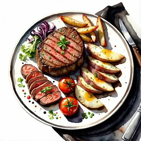 there is a delicious tenderloin steak and baked potatoes served on a hot black plate with slices of baked tomatoes and some gree...