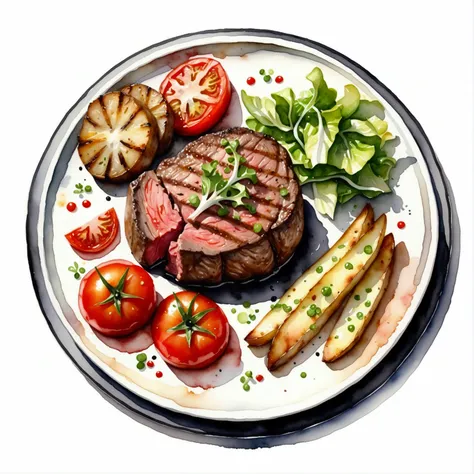 there is a delicious tenderloin steak and baked potatoes served on a hot black plate with slices of baked tomatoes and some gree...