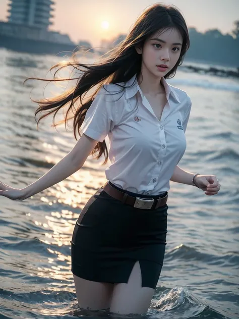 18s woman in thai university uniform, very beautiful, pretty, wet long straight hair, white wet plain short-sleeve button up shirt:1.4, black wet bra:1.3, black wet tight mini skirt:1.2, brown belt, masterpiece:1.2, high detail, realistic, cinematic scene,...