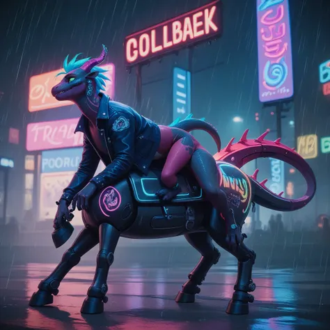 （furry、a little lizard boy riding a mechanical horse）fluorescent body、two horns、colorful neon、night、rain、cyber punk、lane