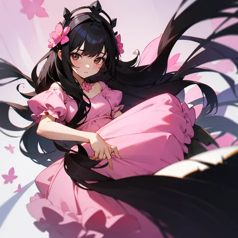 Black hair, dark brown eyes, pink princess round dress and flower tiara