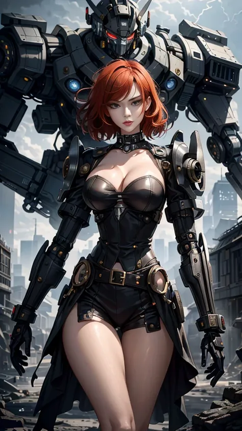 (Explicit Content Alert), A woman, clad in a provocative yet stylish outfit, stands boldly in the midst of a group of intricate, steam-powered robots. The scene is reminiscent of a Steampunk mans portrait, with a blend of synthesis and futuristic elements....