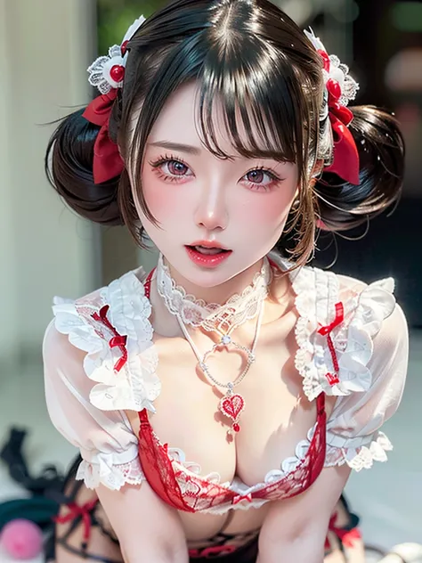 ((Highest quality)),(Ultra-high resolution),(Very detailed),(Detailed Description),((The best CG)),(masterpiece),Very detailedなアート、Small breasts、Whitening 1.5、Translucent white skin、(((Red Lace Bra 1.5)))、High Leg 1.4、Ribbon hair ornament、(((Twin Tail Hair...