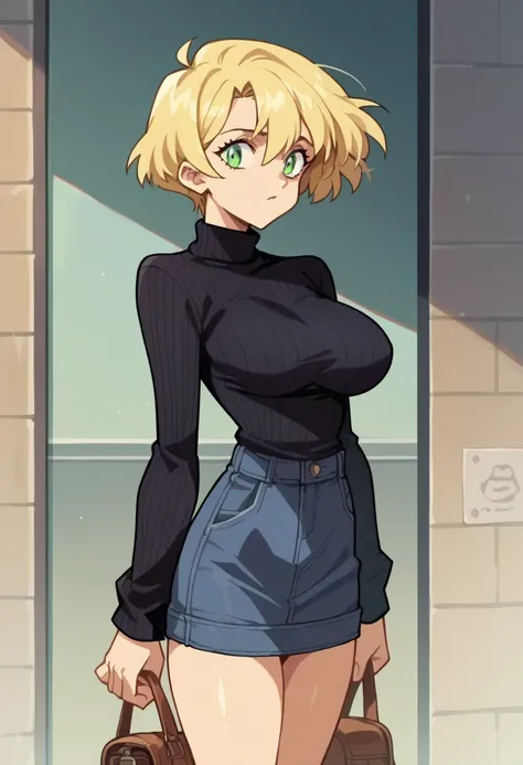 score_9, score_8_up, score_7_up, source_anime, anime_screencap, 1girl, druvisll, black sweater, green eyes, blonde hair, short hair, big breast, optionaltypo style