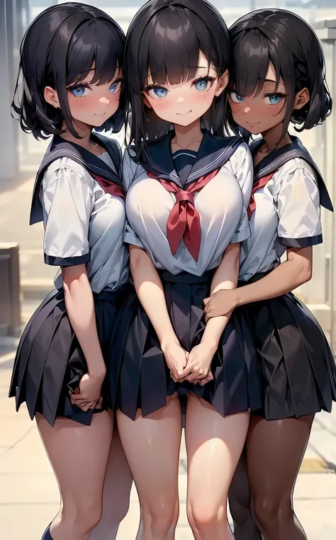 (Cute eyes:1.2), (Sparkling eyes:1.2),(Beautiful Eyes:1.2), Highest quality,wonderful,finely,Highly detailed CG Unity 8k wallpaper, (The three of them lined up and hugged:1.2),(Three people with different heights:1.3), (Three Girls, Sailor suit, Skinny bod...