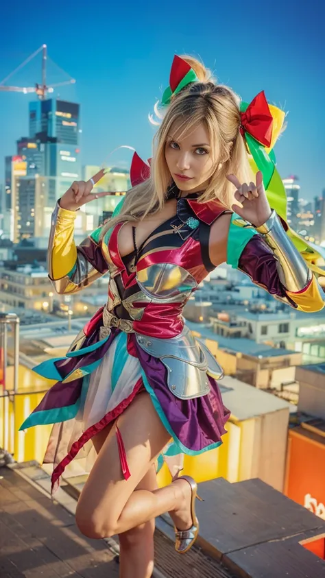  The image features a female character with a sleek, futuristic design. She has a large, stylized bow on her head, and her outfit includes a skirt and armor with a color scheme that includes shades of yellow, blue, and red. She is posed in a dynamic manner...