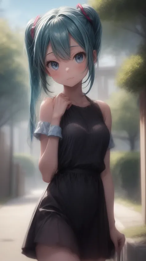 Hatsune Miku in a shoulder-baring dress。

The background is in the style of Makoto Shinkai, with the viewer sitting in nature under a clear blue sky.。

A sexy, mature atmosphere reminiscent of Minato Ward girls。